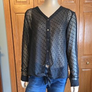 Maurices Black Sheer Dot Button-Front Tie Blouse